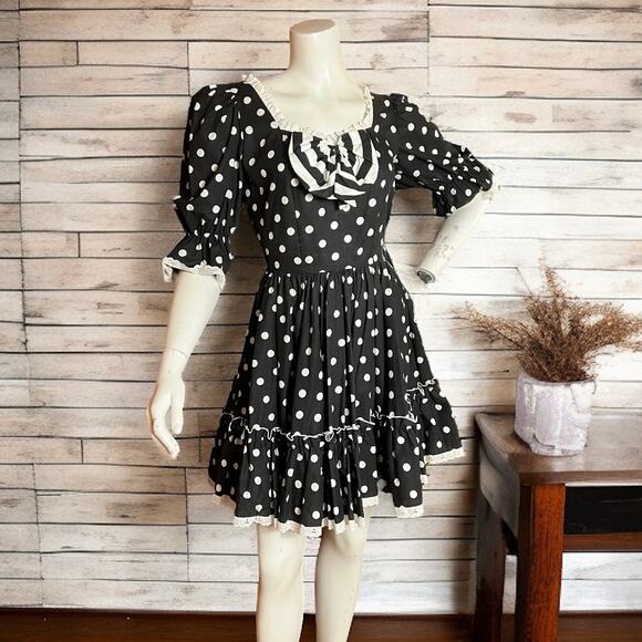 VINTAGE 80s Sweetheart Square Dance Dress Size 6 Retro Polkadot Gothic - Picture 1 of 7